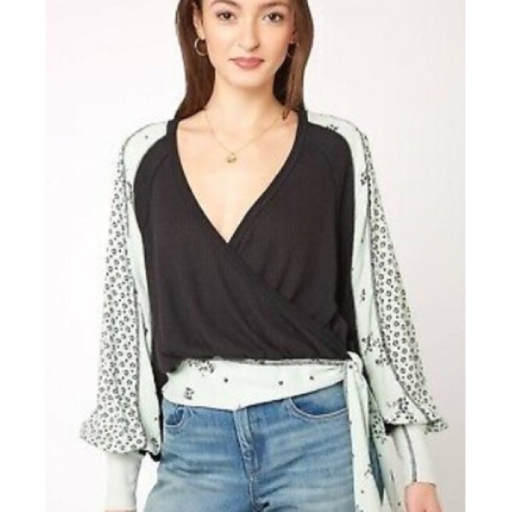 Free People Auxton Thermal Wrap Waffle Knit Green Top Shirt Blouse Sz Small NWT